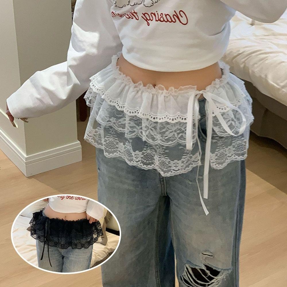 Catmaller88 ผ้าม่านผายลมเชื้อราลูกไม้, ดอกไม้ Y2k Streetwear กระโปรงผ้ากอซชั้นลูกไม้, กระโปรงเอวจีบแบบผูกเชือก