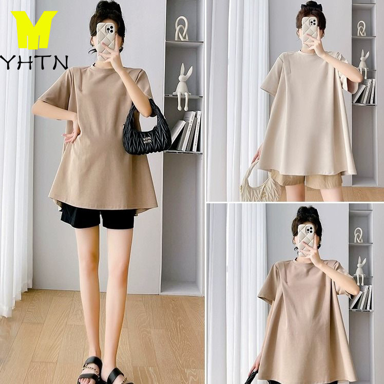 YHTN ชุดเสื้อยืดแขนสั้น กางเกงขาสั้น ทรงหลวม แฟชั่นฤดูร้อน สําหรับสตรีตั้งครรภ์