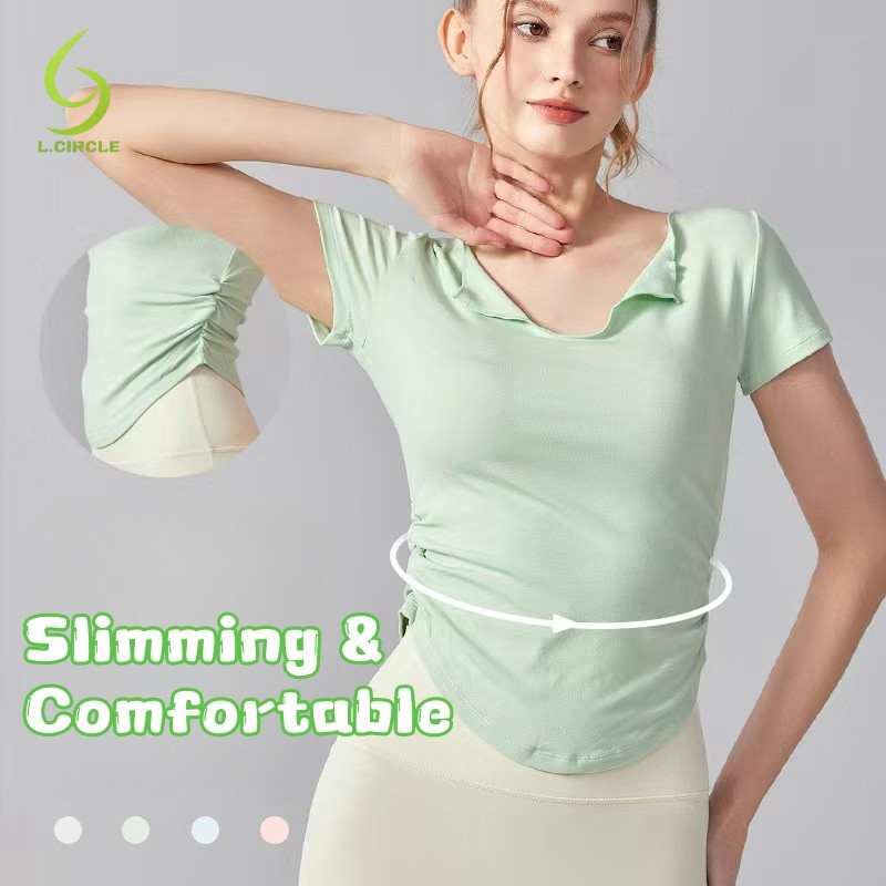 ล. Circleleisure Casual Sports Yoga เสื้อยืดแขนสั้นคอวีจับจีบระบายอากาศ (ไม่มีแผ่น)