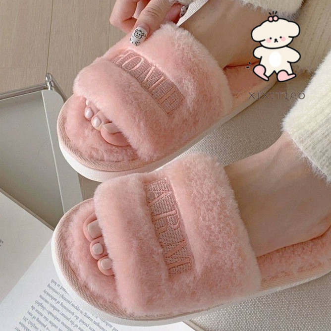 Xixtiao รองเท้าแตะผู้หญิงในร่มกลางแจ้งสวมใส่ Plush Keep Warm One-word Creative เย็บปักถักร้อย Soft Sole