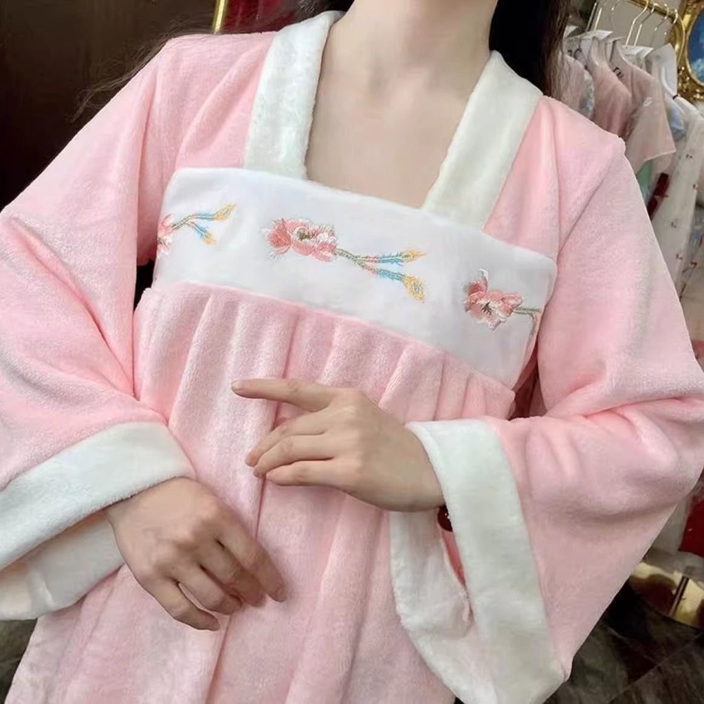จีนแขนกว้าง ชม. อันฟู่ ปักกระโปรงชุดนอนกางเกงสองชิ้นชุดผู้หญิงฤดูใบไม้ร่วงฤดูหนาวหนาสักหลาดชุดห้องโบ