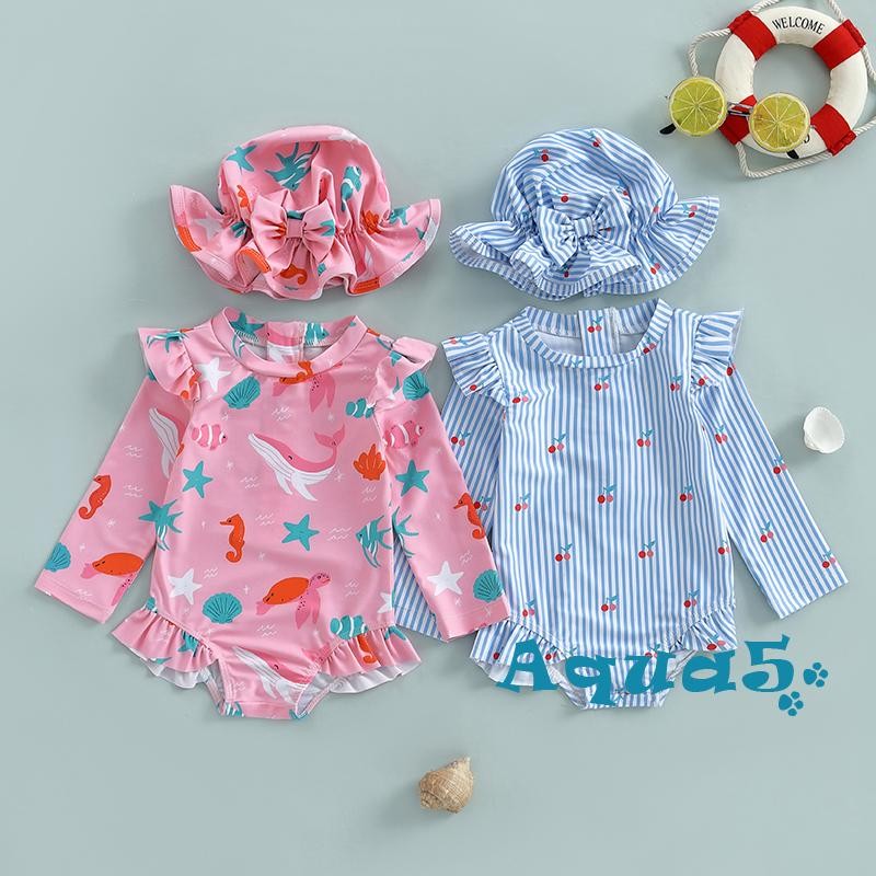 อุ๊ย-เด็กสาวผื่นยามชุดว่ายน้ําแขนยาวลาย/มหาสมุทรสัตว์พิมพ์ชุดว่ายน้ําชุดว่ายน้ําเด็กทารกกับหมวกดวงอาทิตย์