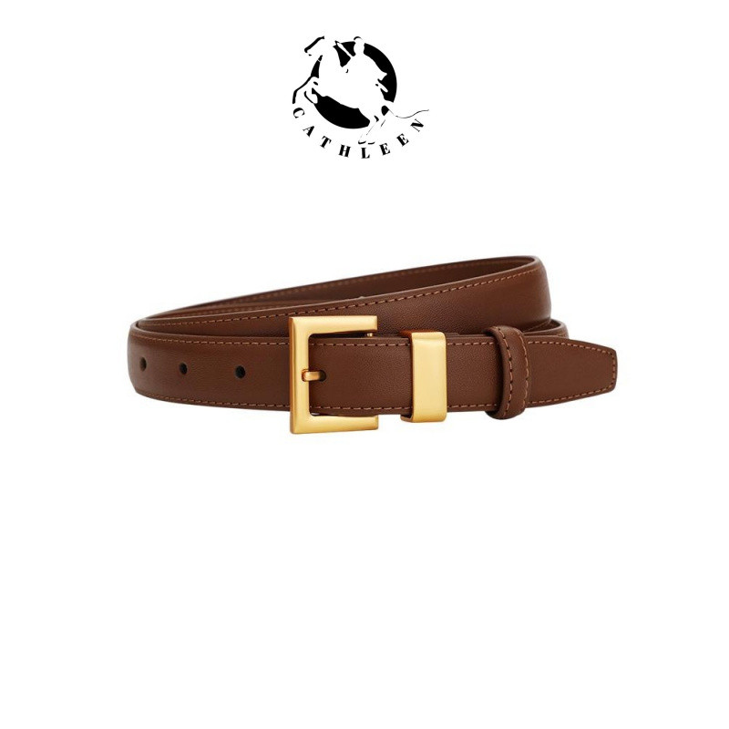 CATHLEENสุภาพสตรีหนังแท้ทุกการแข่งขันตกแต่งย้อนยุคที่เรียบง่ายระดับไฮเอนด์เข็มขัดหนังวัวสีดํา