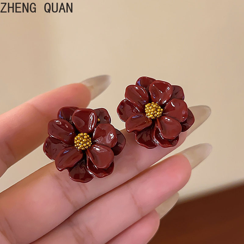 แฟชั่นเกาหลี Camellia ดอกไม้สีแดงต่างหู S925 ต่างหูสตั๊ดสําหรับผู้หญิงเครื่องประดับของขวัญวันหยุดอุปกรณ์เสริมสีขาว