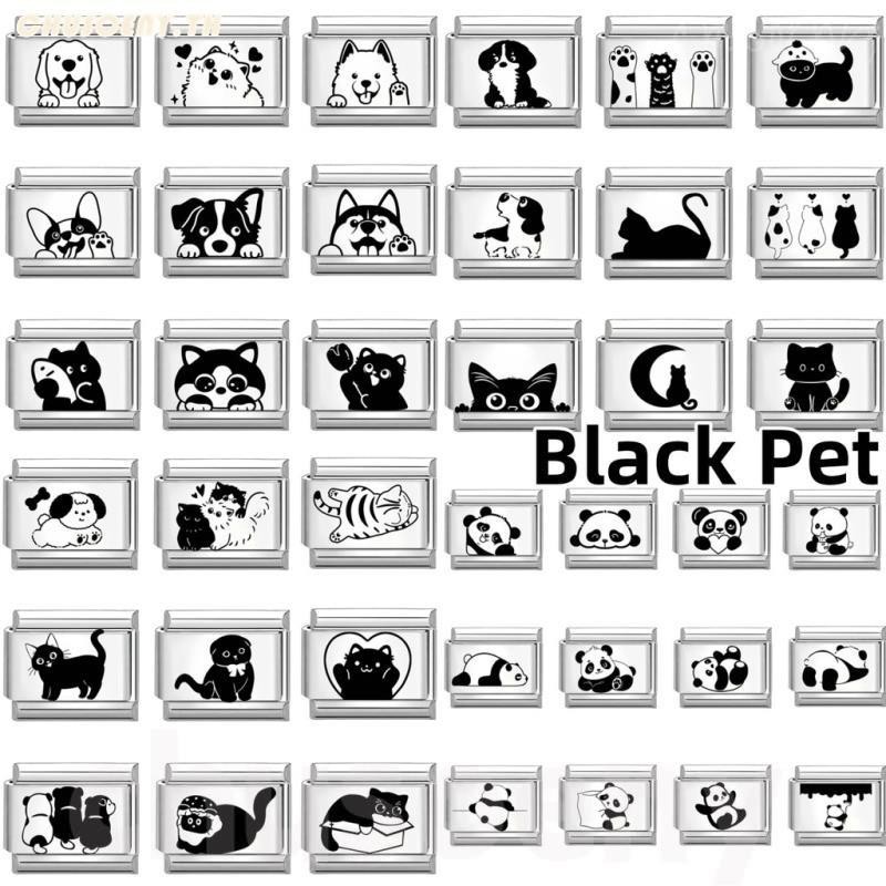 ยอดนิยมรักสีดําสัตว์เลี้ยงแมวดอกไม้อิตาเลี่ยน Charm Links Fit 9 มม.สร้อยข้อมือสแตนเลสทําเครื่องประดับ