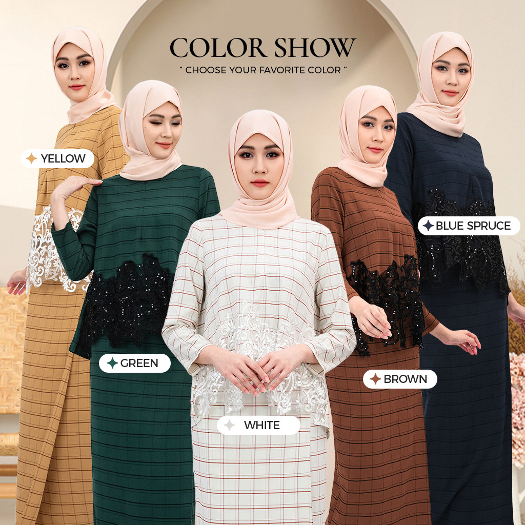 SORAYA ลูกไม้ KURUNG Sulam ลูกไม้ Baju Kurung Moden สีดําลายสก๊อตด้านหน้าซิปพยาบาลที่เป็นมิตร Baju R