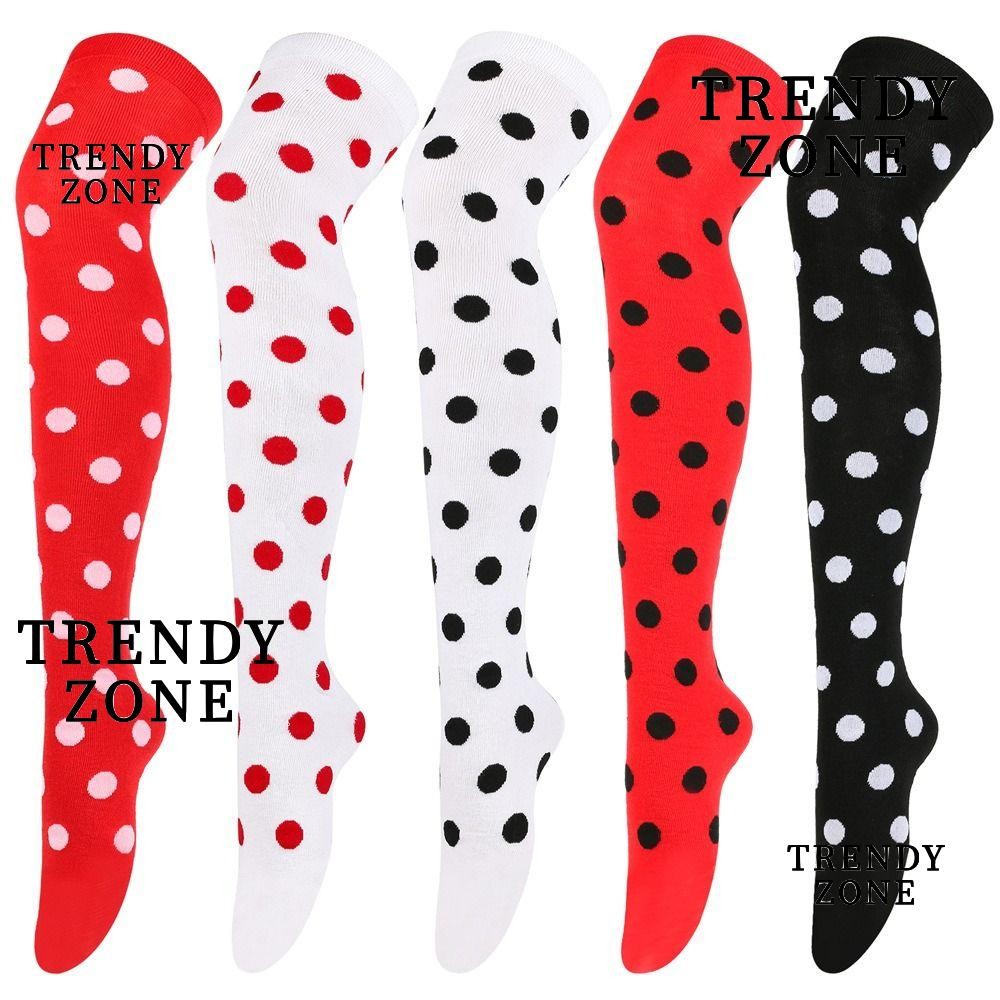 Trendyzone ถุงเท้าสูงเข่า, Polka Dot 80s 90s ถุงน่องต้นขาสูง, ถุงเท้าจุดสีดําสีแดงแปลกใหม่สําหรับ Masquerade คอสเพลย์ประสิทธิภาพ Party