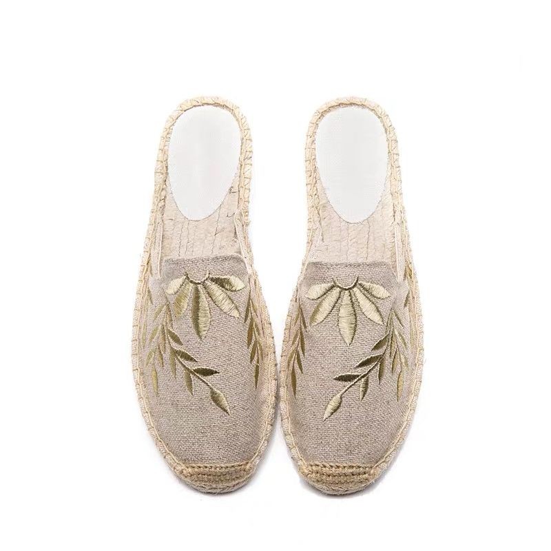 Slip-on Bucket รองเท้าผู้หญิงครึ่งSlip-Onรองเท้าผ้าแบนผ้าลินินฟางLoafers Chanelสไตล์รองเท้าแตะหนาSol