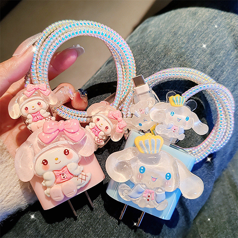 4 in 1/(เรืองแสงในคืน) การ์ตูนน่ารัก DIY 18w/20w ชุดตัวป้องกันเครื่องชาร์จสายเคเบิลสําหรับ iPhone11 12 13 14 15 16pro max