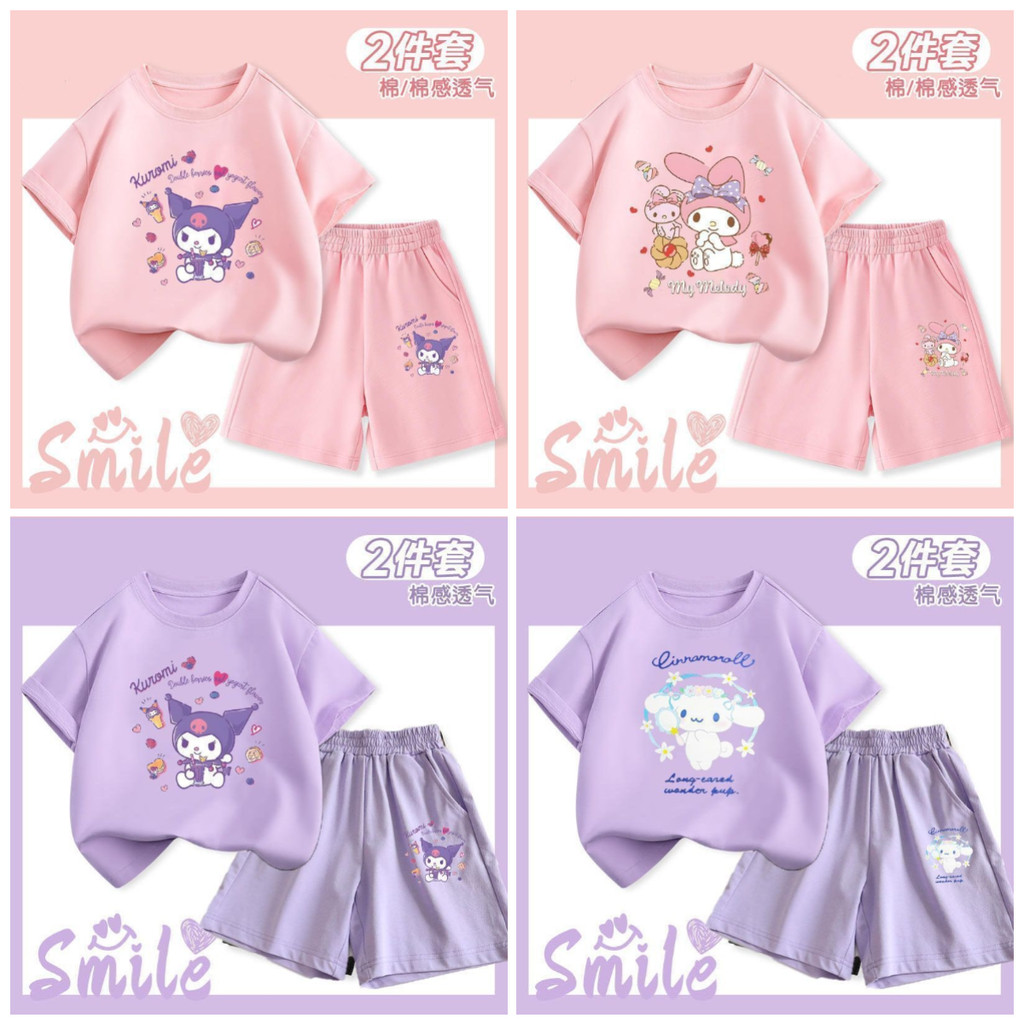 เสื้อคอกลมแขนสั้นเด็กผู้หญิง + กางเกงขาสั้น ชุดเซตน่ารัก สไตล์เกาหลี