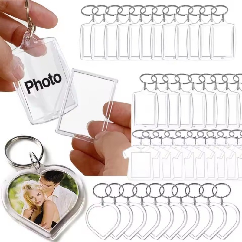 5ชิ้นกรอบรูปเปล่าพวงกุญแจ-ใส่แยกจี้กุญแจ-ทําเอง พวงกุญแจของขวัญวันครบรอบสําหรับคู่รัก-อะคริลิโปร่งใสสองด้านพวงกุญแจรูปถ่าย-ป้ายกระ