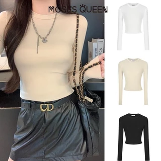 MOSESQUEEN เสื้อยืดสาวแขนยาวสั้น 2025 ฤดูร้อนผู้หญิงใหม่เปิดท้องเสื้อลําลองบริสุทธิ์#62241