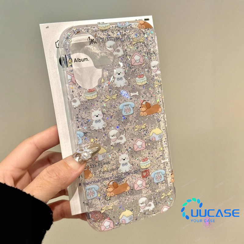 สําหรับiphone 16Promaxน่ารักการ์ตูนสุนัขเคสโทรศัพท์iPhone15PromaxสุทธิสีแดงGlitterแบบเต็มหน้าจอบุคลิกภาพหญิง14/13pro max 12pro 12plus Soft Case DSP