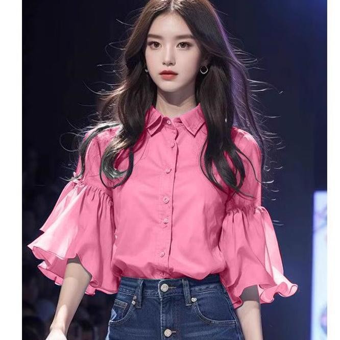 เสื้อ POLO Collar สไตล์ใหม่โคมไฟสีฟ้าออกแบบเสื้อหลวมเนื้อ Slimmer ดูภาษาฝรั่งเศสคํา Top