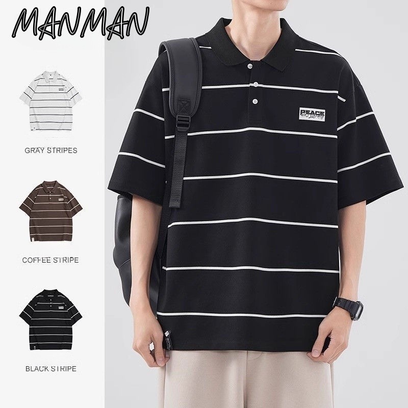 M＆M เสื้อโปโลลายทาง แขนสั้นผู้ชาย ความรู้สึกของการออกแบบ เรียบง่ายแมทช์ง่าย