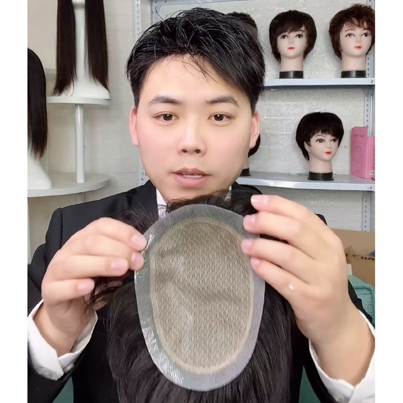 60 # ผ้าไหมสุทธิด้านบน Biological รอบ (เพชรสุทธิ) 100% Human Hair Man Toupee ธรรมชาติดูตรงวิกผม Remy Human Natural Hair ผู้ชาย Toupee ที่มองไม่เห็น Knots