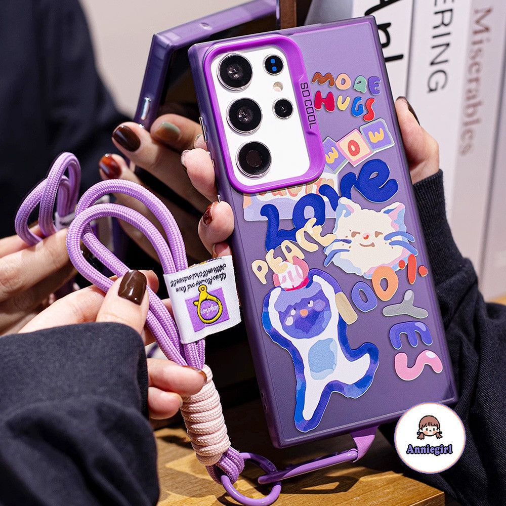 เคสโทรศัพท์มือถือ ผิวด้าน กันรอยขีดข่วน ลายแมวน่ารัก สีม่วง พร้อมสายคล้อง แฟชั่น สําหรับ SAMSUNG S24 Ultra S24 Plus S23 S22 S21 Ultra S21 S23 FE S20