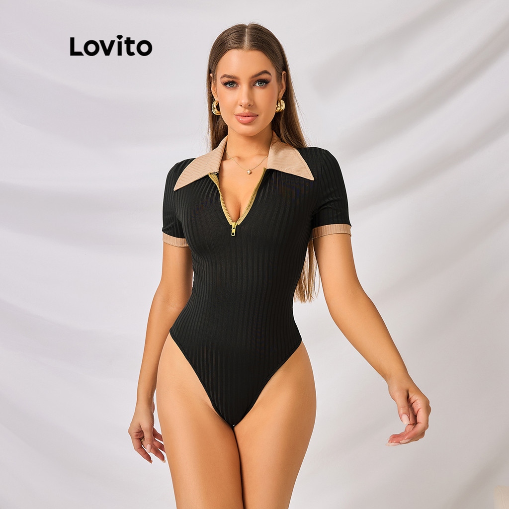 Lovito บอดี้สูทผู้หญิง ประดับกระดุม มีซิป คัลเลอร์บล็อก สีพื้น เซ็กซี่ LBL09015
