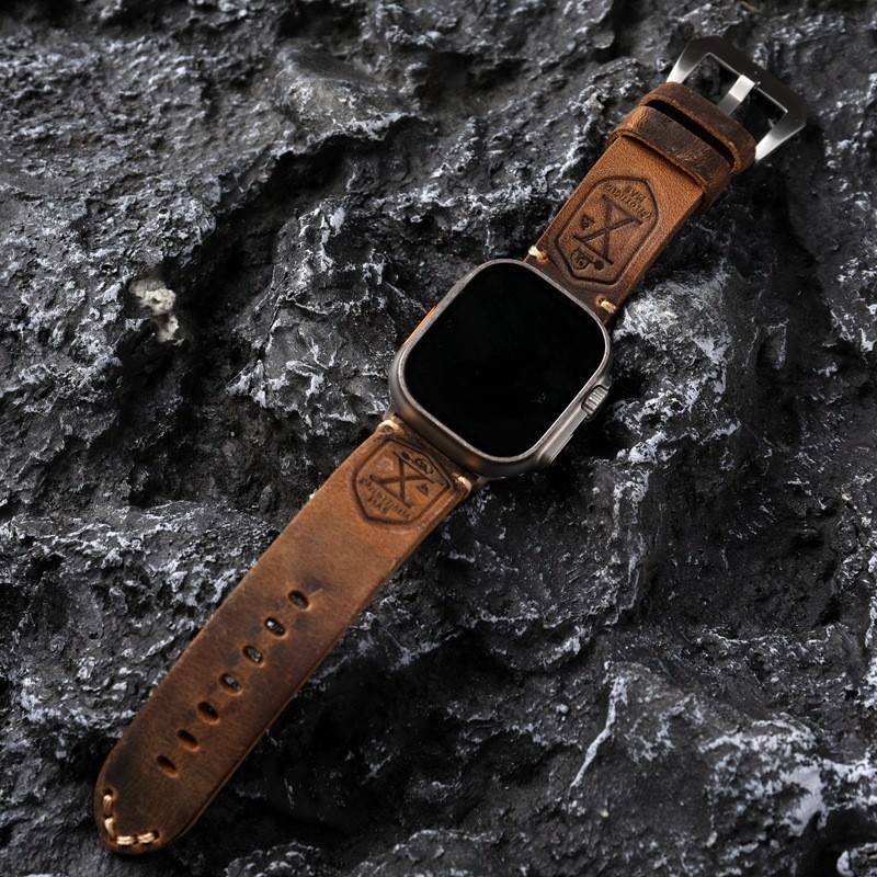 วินเทจชั้นแรกหนังวัวหนาผู้ชายสายนาฬิกา ULTRA หนังแท้สำหรับ Apple watch8 49mm 45