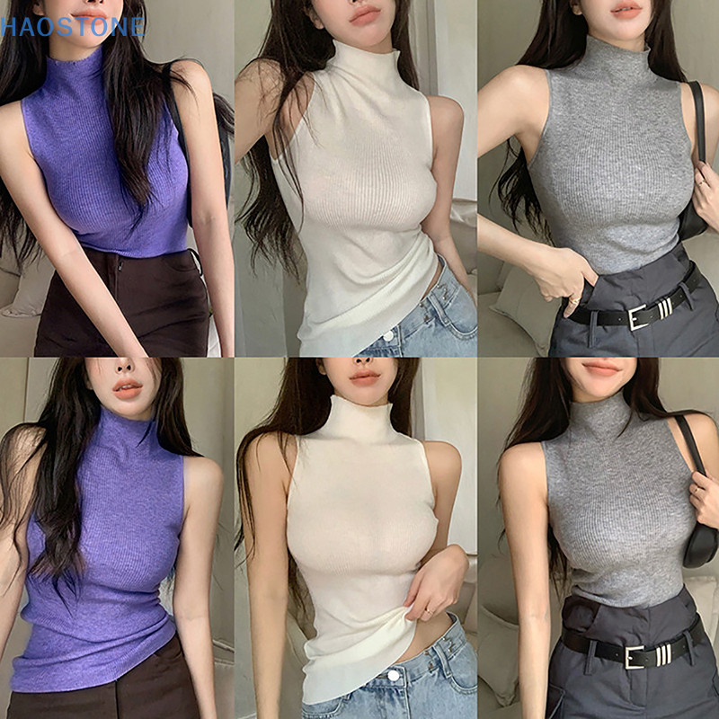 [HSNE] เสื้อสายเดี่ยว คอเต่า แขนกุด ผ้าถัก สีพื้น แฟชั่นฤดูร้อน สําหรับผู้หญิง MCL