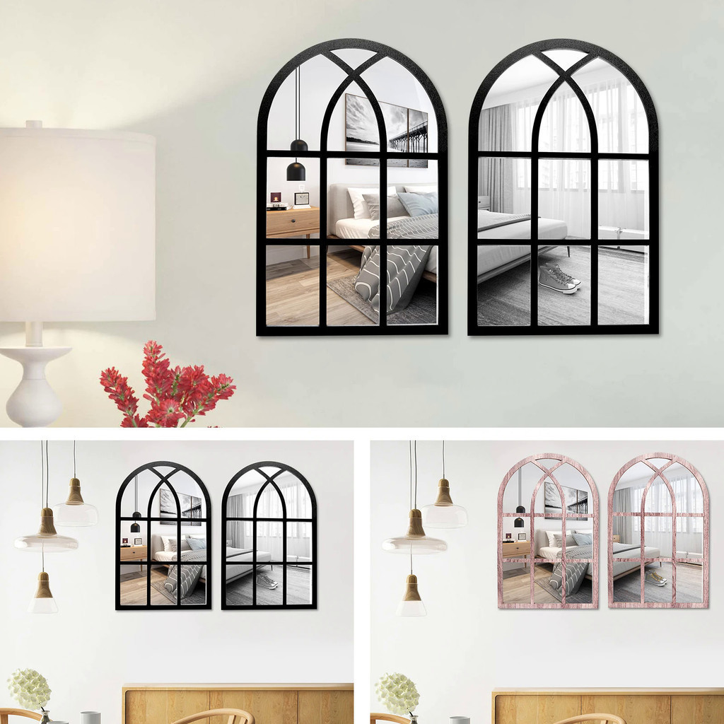 2Pcs Window Wall Mirror for Wall Decor Vintage Rustic Arched Wall Mirror Decorative Windowpane Mirro