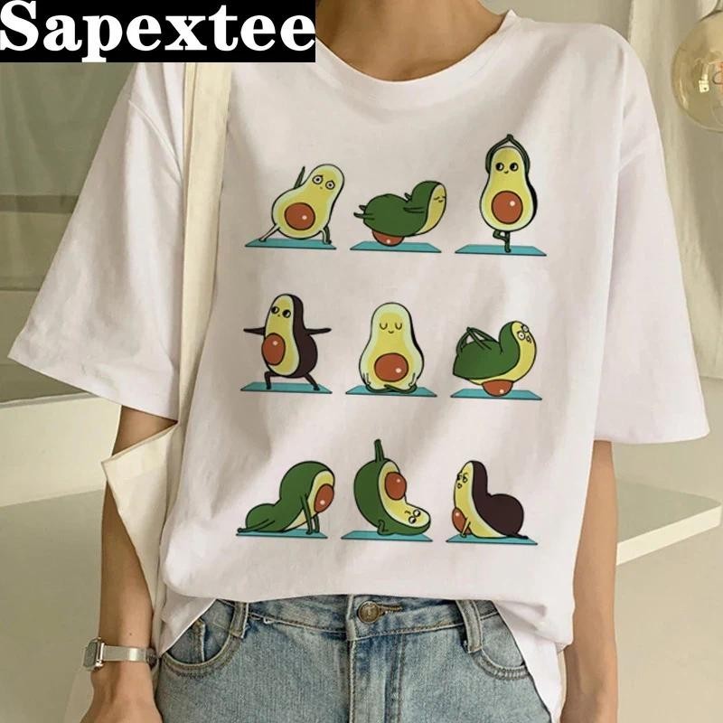 Kawaii เสื้อยืดแขนสั้น พิมพ์ลายการ์ตูนอะโวคาโด กราฟฟิคอะโวคาโด ลําลอง เหมาะกับฤดูร้อน สไตล์ฮาราจูกุ สําหรับผู้หญิง