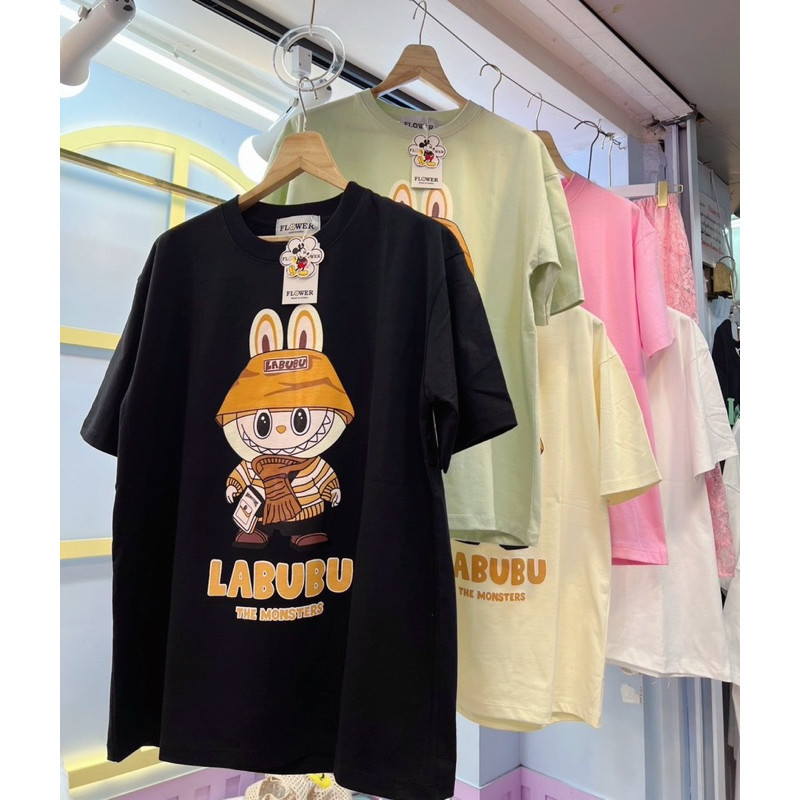 【พร้อมส่ง】ผ้าฝ้ายเนื้อนุ่ม เสื้อยืดOveresize(FLOwER)ลาบูบู้ S-5XL