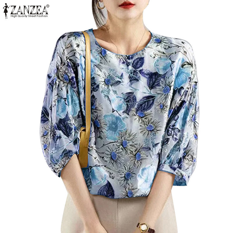 Zanzea เสื้อเบลาส์ลําลอง คอกลม แขนสามส่วน พิมพ์ลาย สไตล์เกาหลี สําหรับผู้หญิง