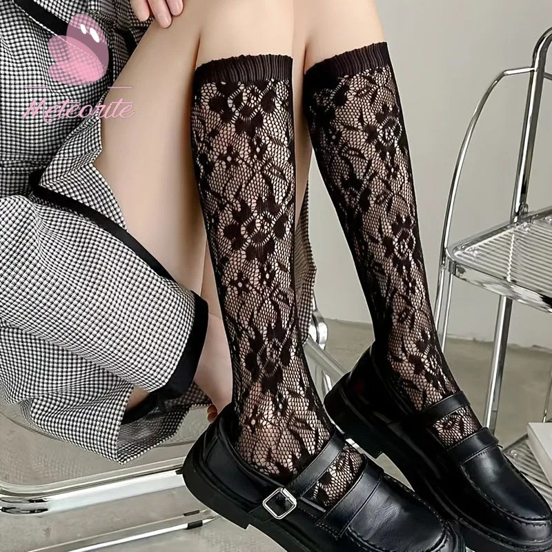 ผู ้ หญิงเซ ็ กซี ่ ดอกไม ้ พิมพ ์ ตาข ่ าย StockingsSummer Ultra-thin โปร ่ งใส Lolita Jk Hollow Out ลูกไม ้ ตาข ่ ายเข ่ าถุงเท ้ าสูง