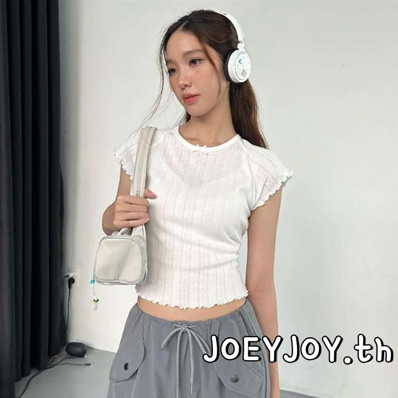 เสื้อยืดครอปผู้หญิง ทรงสลิม แต่งขอบลูกไม้ ทรงหลวม คอกลม แขนกุด แต่งผ้าริบ