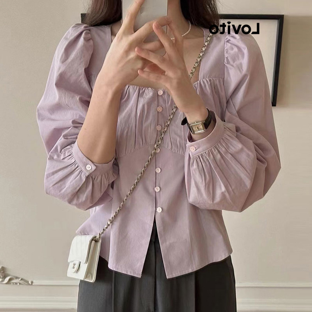 Lovito เสื้อเบลาส์ผู้หญิง กระดุมหน้า มีจีบ สีพื้น สไตล์ลำลอง LNE37095 (สีม่วง)