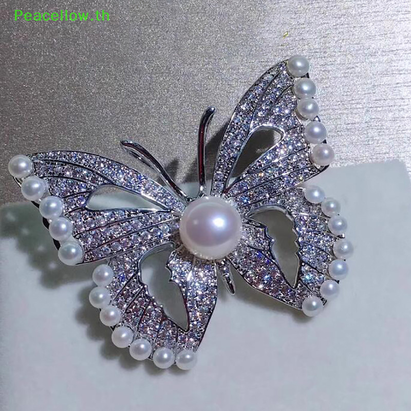 Peacellow ใหม ่ ประกายเพชรผีเสื ้ อมุกเข ็ มกลัด Elegant Corsage จี ้ Pin แฟชั ่ นอุปกรณ ์ เสริม TH