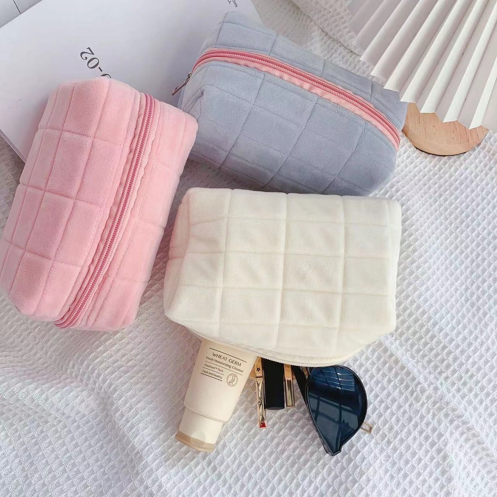 🎀พร้อมส่งจากไทย🎀 กระเป๋าเครื่องสำอางค์ กำมะหยี่ กระเป๋าหมอน กระเป๋าดินสอ สไตล์ญี่ปุ่น ความจุขนาดใหญ่ ลายตาราง BAG04