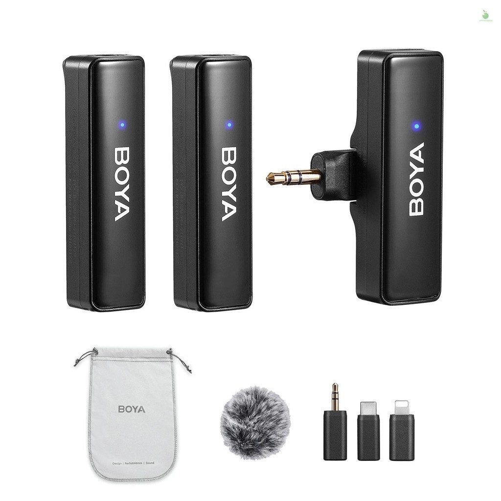 Boya BOYALINK A2 2.4GHz Wireless Lavalier Microphone System Clip-on Microphone 100 M Transmission Range Noise Reduction Auto Sync with Receiver + 2pcs Transmitter + 3pcs Adapters Co