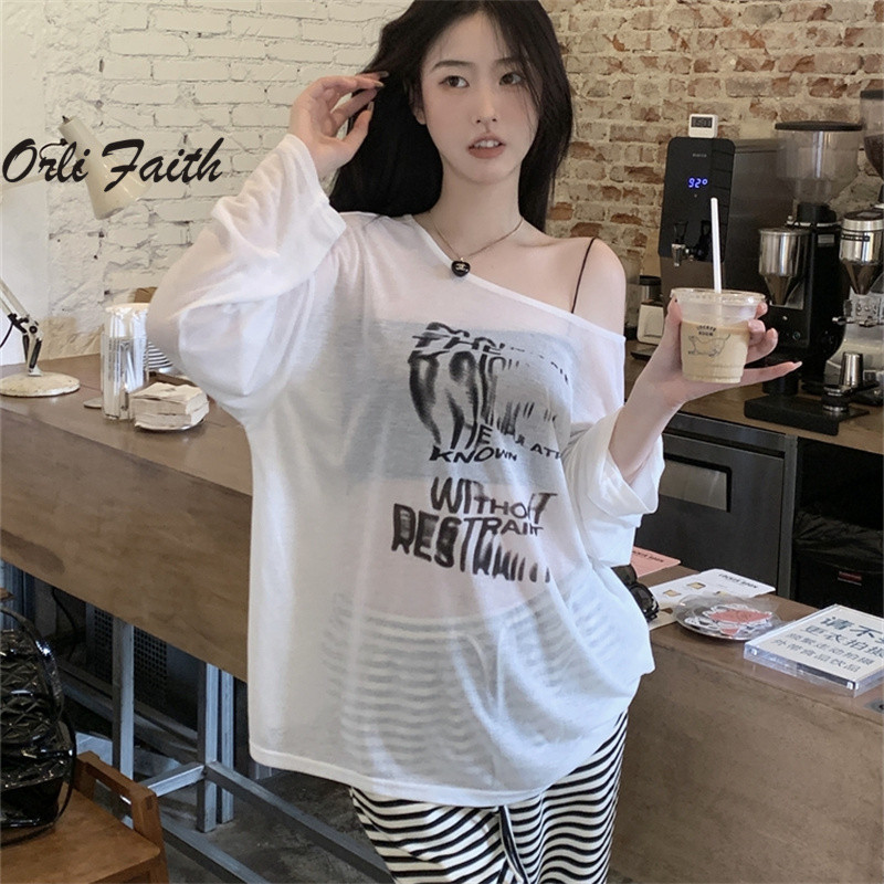 Orlifaith เสื ้ อยืดผู ้ หญิง 2024 แฟชั ่ นการพิมพ ์ ไม ่ สมมาตรปิดไหล ่ แขนยาวหลวม Fit Tops