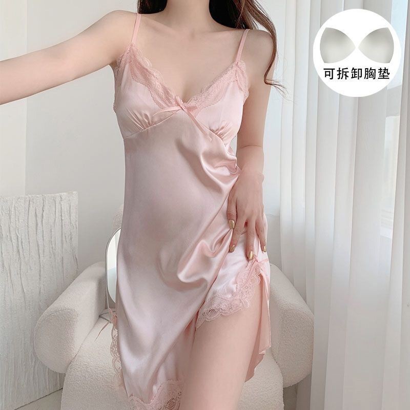 ฤดูร้อนผู้หญิงผ้าไหมน้ําแข็งสลิง Nightdress ลูกไม้บาง Homewear ชุดนอนสบายรุ่นคุณภาพสูง