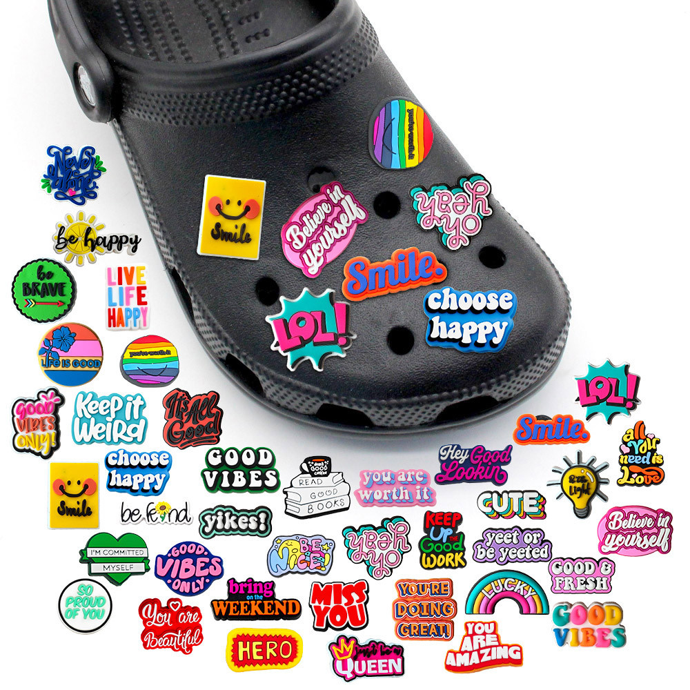 ตัวอักษรสี Jibbitz Crocs Inspiration Words Jibits Charm สร้างแรงบันดาลใจ Phaises Croc Jibbits สําหรับผู้หญิงรองเท้าอุปกรณ์เสริม Charms Pin ตกแต่ง