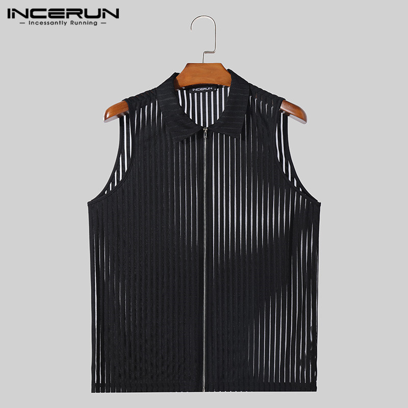 Incerun Men Vintage Daily Casual Vertical Striped Zip Tanks