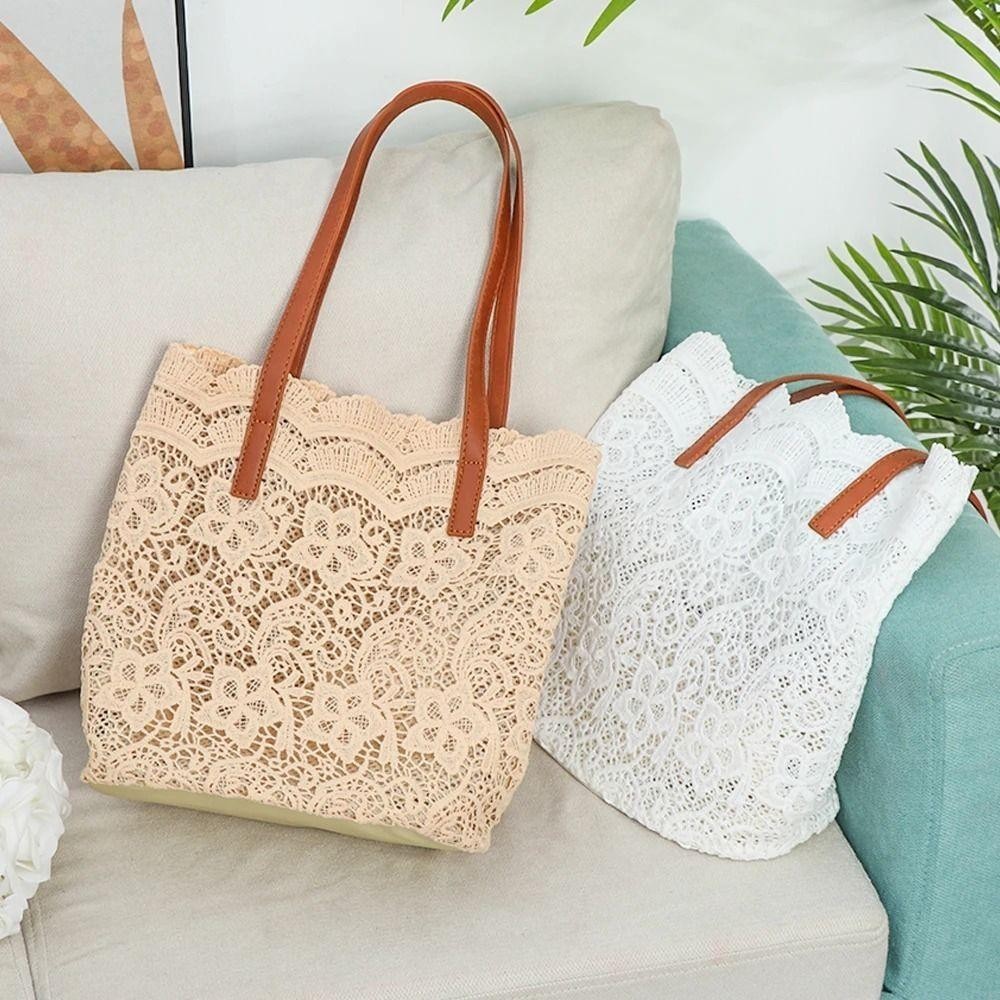 Bersy กระเป๋าถือทอผู้หญิง,Hollow Out Handโครเชต์ลูกไม้กระเป๋าสะพาย,Elegant Long Lasting TOP-Handleน้ําหนักเบาโครเชต์ดอกไม้Tote Sandy Beach