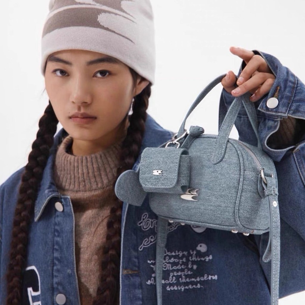 [FULL Set @ PAN ] CRYINGCENTER CryingCeuter Retro Imitation Denim MIN1 Boston Bag College Student Messenger Bag with Earphone Bag
