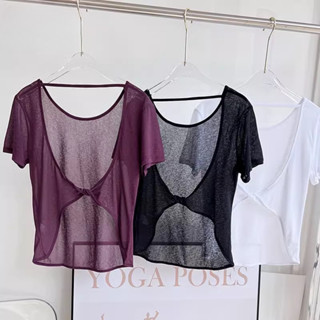 【 Maggieyoga 】เสื้อกีฬาตาข่ายบางหลวมระบายอากาศกีฬาแขนสั้นสวย…