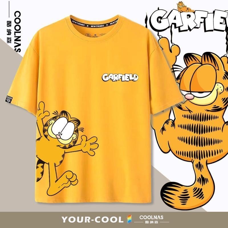 [100% Cotton] Garfield การ ์ ตูนอะนิเมะยุโรปอเมริกัน Street สวมใส ่ ครึ ่ งแขนเสื ้ อยืดผู ้ ชายผู ้ หญิงคู ่ สวมใส ่ ฤด