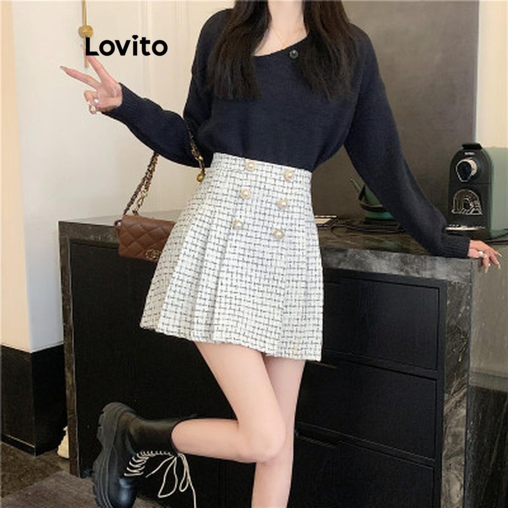 Lovito กระโปรงผู้หญิง มีกระดุม สีพื้น สไตล์ลำลอง LNE48416