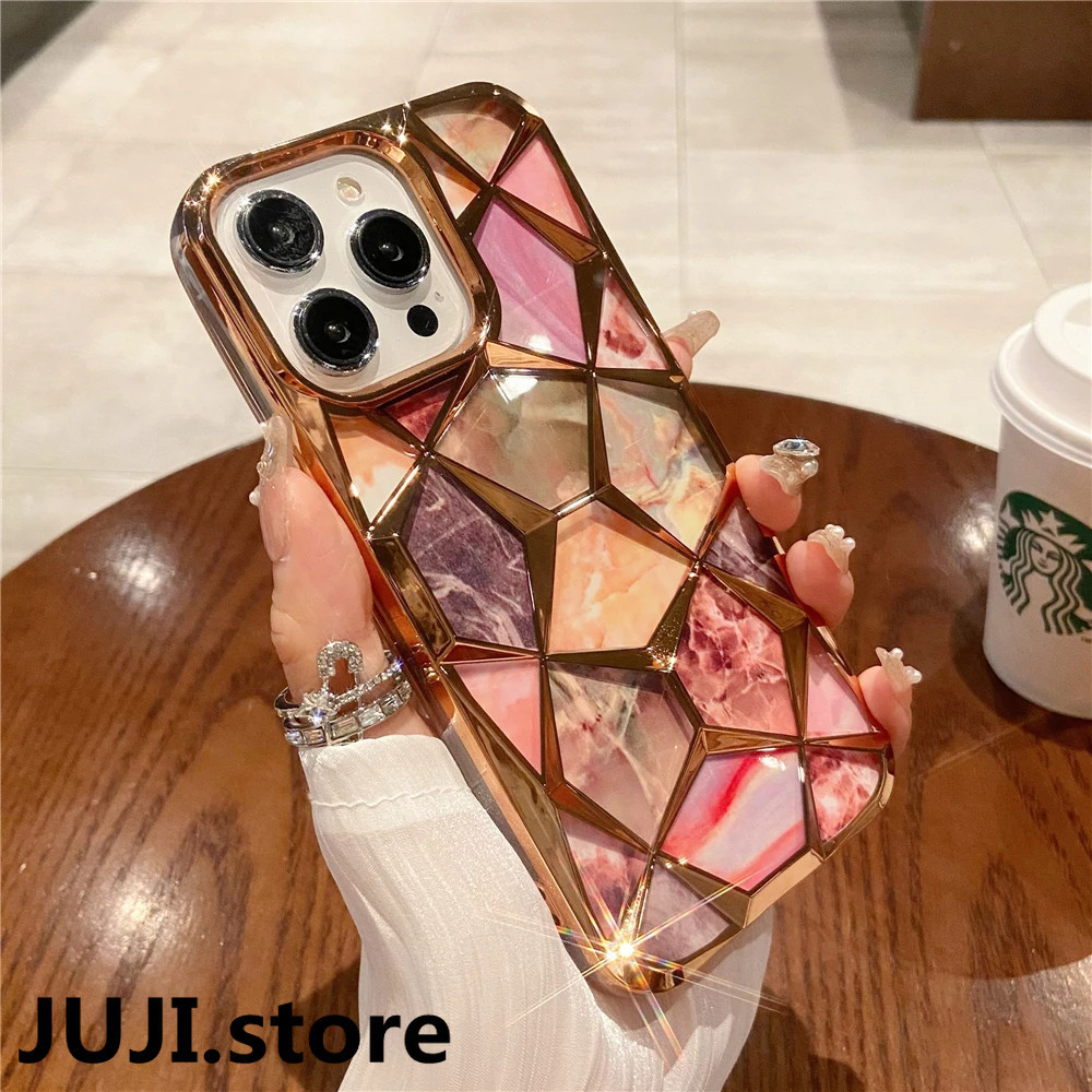 Juji Luxury electroplated สีหินอ ่ อนเรขาคณิตเพชร checkered ปกหลังเหมาะสําหรับ iPhone 15 14 13 12 11 Pro Max เกราะกันกระแทกเคสโทรศัพท ์