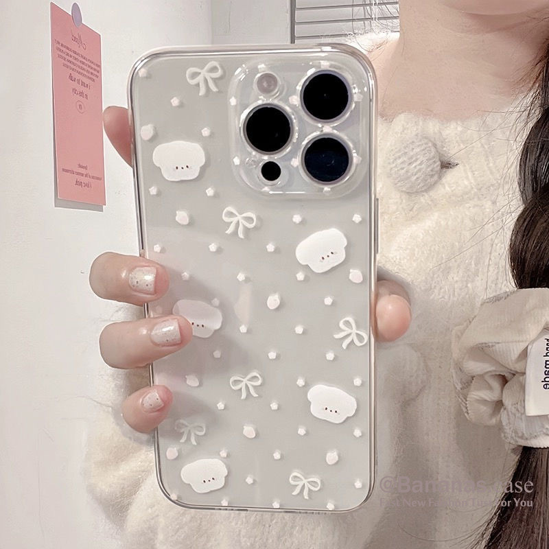 Iphone 15 14 13 12 11 Pro Max X XR XS Max 7 8 Plus SE2020 เคสโทรศัพท์ Ins โบว์สีขาวสุนัขปกอ่อนใส