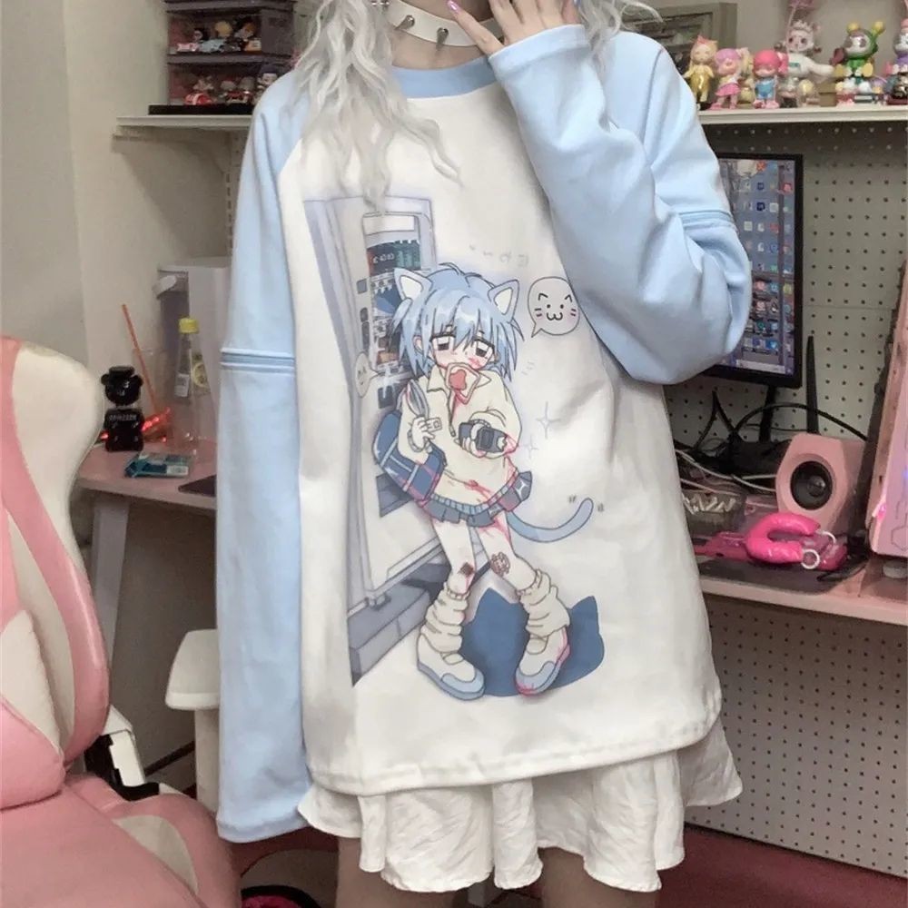 ทีเสื้อผู้หญิงฤดูร้อนสไตล์ใหม่สไตล์ญี่ปุ่น-ถอดแขนลูกแมวพิมพ์น่ารัก-หลวมนุ่มสาว ผอมลง ดูรอบคอด้านบน