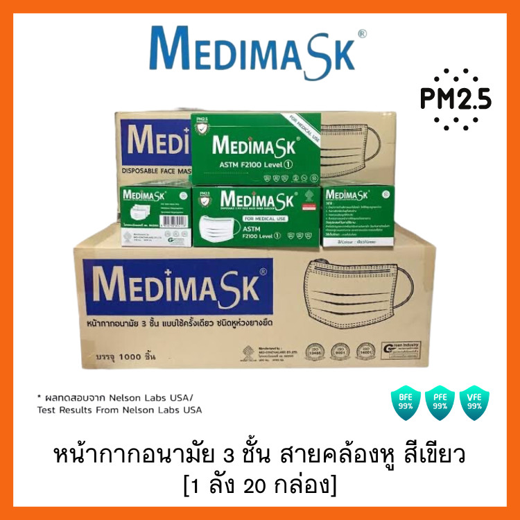 Medimask SK หน้ากากอนามัย 3ชั้น 50ชิ้น ต่อกล่อง [1 ลัง 20 กล่อง] เกรดการแพทย์ ใช้ในโรงพยาบาล mask (g