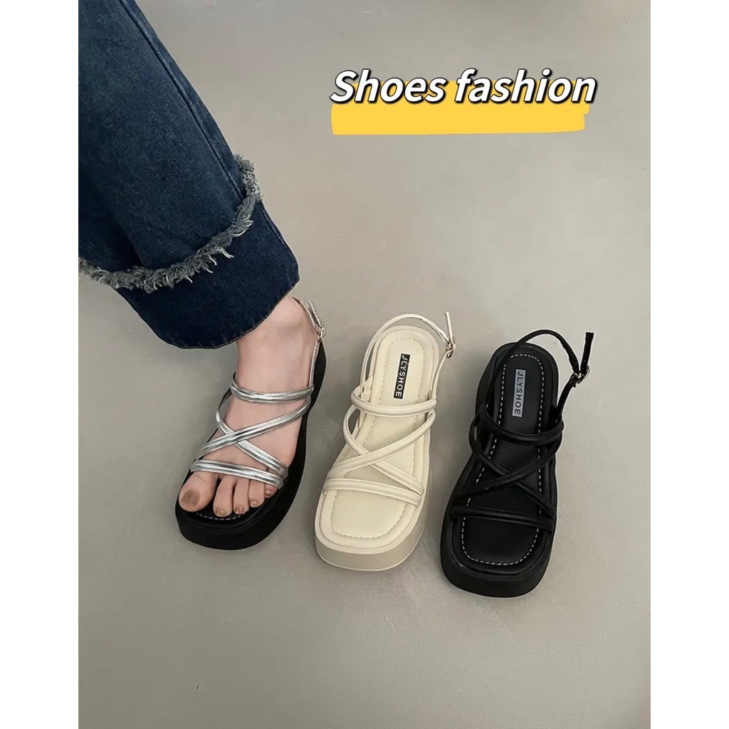 TX556 รองเท้าแตะแพลตฟอร์ม พื้นหนา7cm เพิ่ม ความสูง ดีไซน์นางฟ้า รองเท้าโรมันสีเงิน คุณภาพดี สไตล์มินิมอล