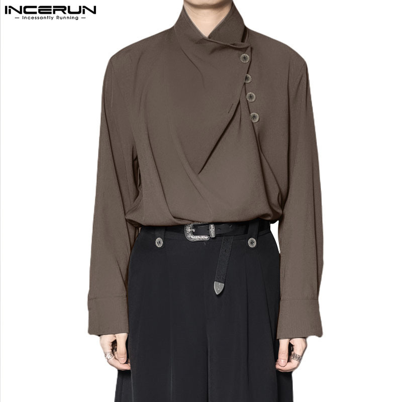 Incerun เสื ้ อเชิ ้ ตแขนยาวคอปกทรงหลวมเกาหลีดีไซน ์ เรียบง ่ ายครึ ่ งความสูง