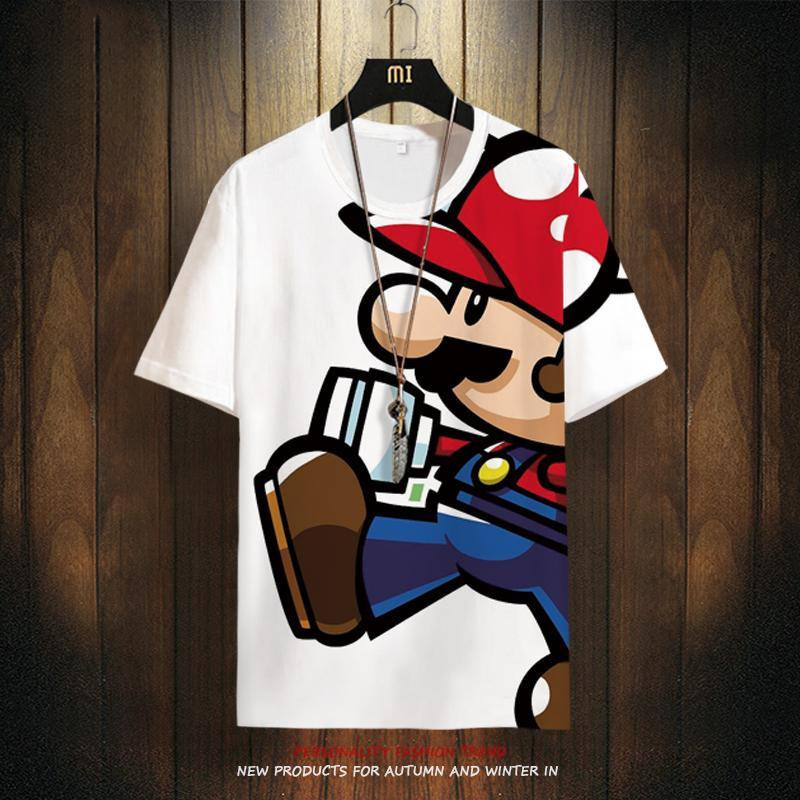 วัยรุ่นแขนสั้นเสื้อยืดผู้ชายฤดูร้อนมาริโอพิมพ์การ์ตูนญี่ปุ่นอินเทรนด์หลวมขนาดบวกระบายอากาศเสื้อยืดแห้งเร็ว